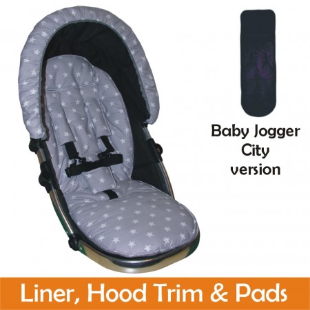 Matching Liner, Hood Trim & Harness Pads Package to fit Baby Jogger City Pushchairs - Silver Star Design